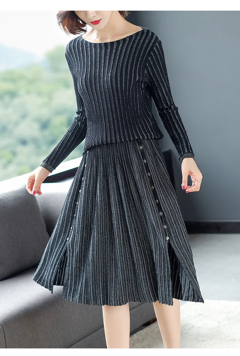 Осенне-весенний женский элегантный свитер пуловер + плиссированная юбка комплект из 2 предметов блестящее трикотажное платье Midi тонкий