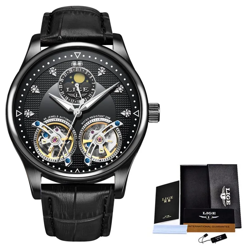 all black LIGE новые автоматические механические часы мужские Tourbillon спортивные часы модные деловые мужские часы reloj automatico de hombre - Цвет: all black