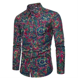 Estilo coreano primavera camisa de manga longa retro flores impressas homens blusa 5xl magro partes superiores masculino festa elegante casual roupas havaianas