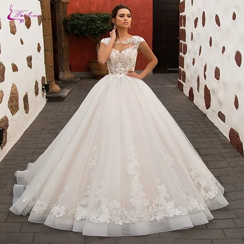 Waulizane свадебное платье трапециевидной формы с потрясающими симметричными аппликациями длиной до пола - Цвет: Picture Ivory