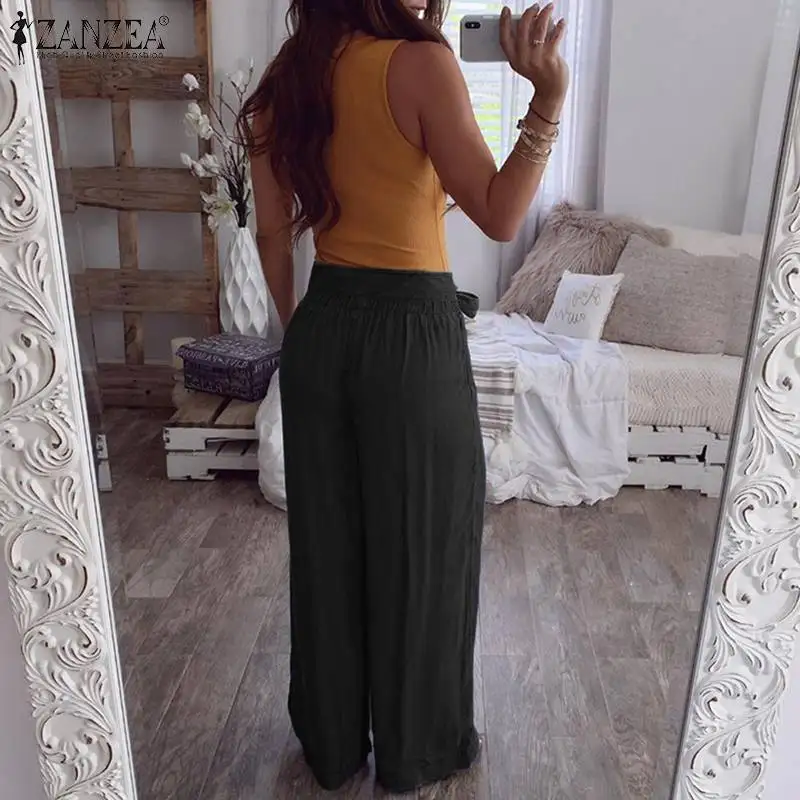ZANZEA, женские брюки, женские, повседневные, с эластичной резинкой на талии, широкие, одноцветные, с поясом, длинные штаны, свободные, с карманами, низ, Pantalones Mujer
