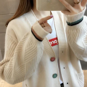 

Winter Autumn Warm Striped Knitted Cardigans Sweater Women V-Neck Long Sleeve Cardigan Black Button Pockets Knit Tops