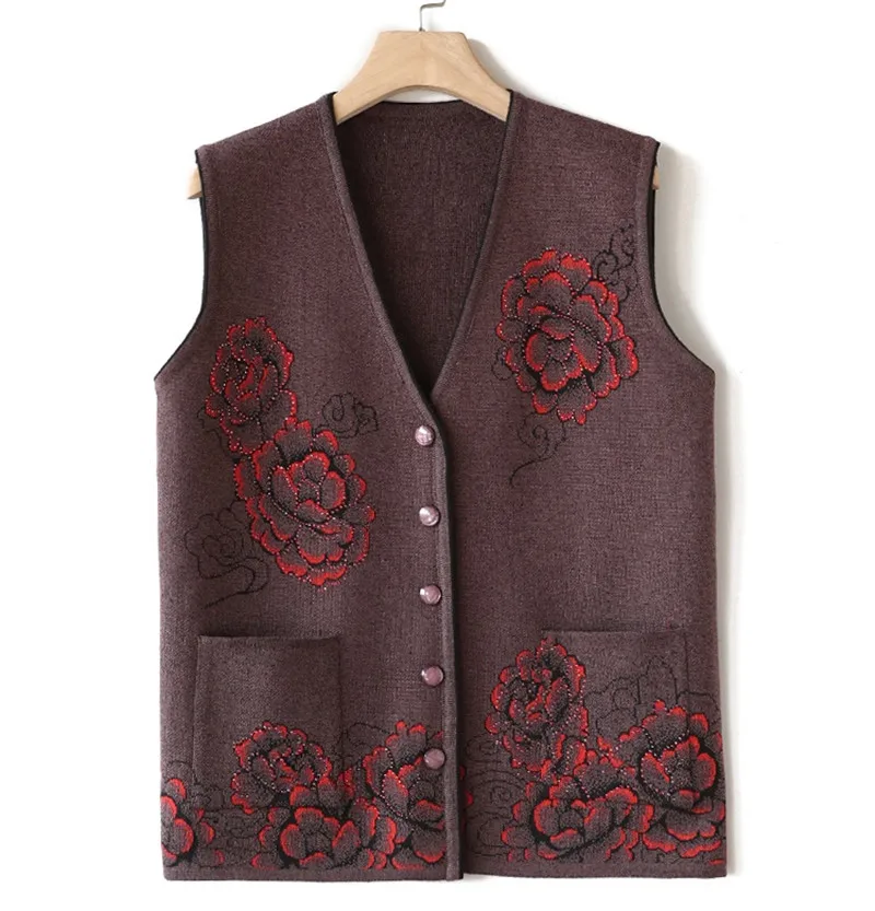 Middle-aged women Print Sweater Vest Autumn Winter vests Sweater knit Cardigan Womens Short Plus size Sweater Vests Jackets F856