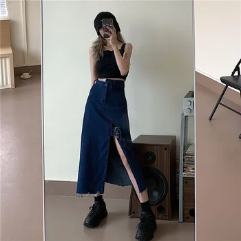 

Mazefeng 2020 Fashionable Women Midi Denim Skirt Laidies Autumn Winter Split Sexy Buttons Pockets A-line Skirt Fashion Casual