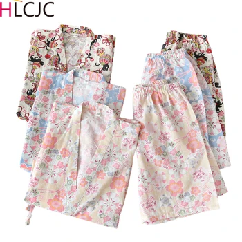 

Japanese Sakura kimono Cotton Gauze Women Short Pajamas Sets Pyjama Cute Top+Pants 2Pcs Pijama Sleepwear Lounge Wear Bathrobes