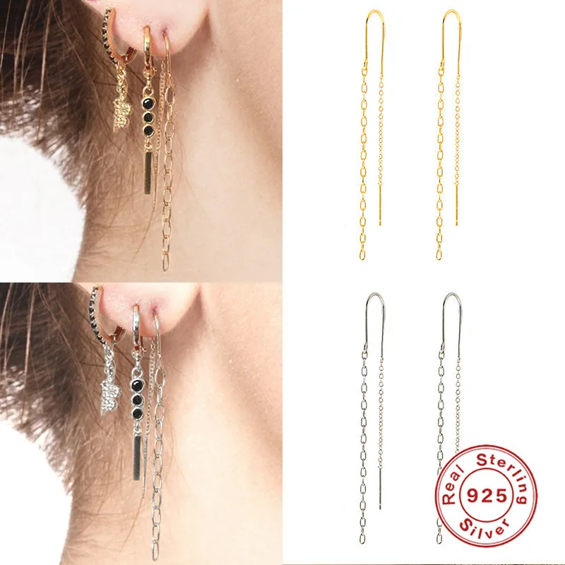 925 Sterling Silver Long Chain Tassel Threader Earrings Colored Zircon Snake Padlock Key Pendant Dangle Earrings Jewelry dangle earrings drop earrings pendant earrings long earrings crystal tassel earrings