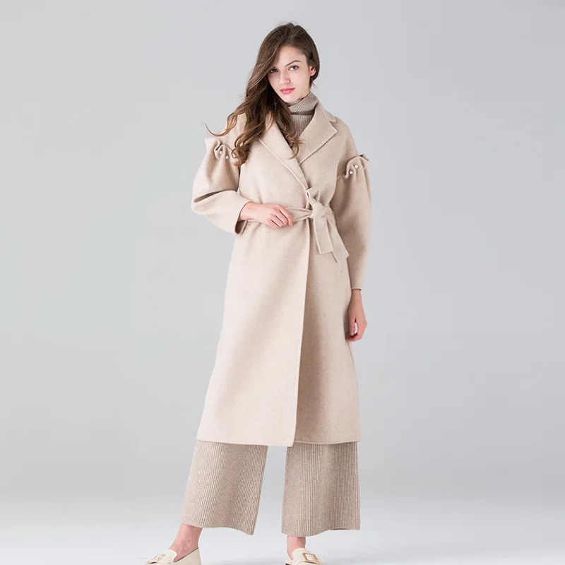 

long woolen blends cashmere coats for women 2019 autumn winter casual ladies jackets plus size Double sided beige belt loose