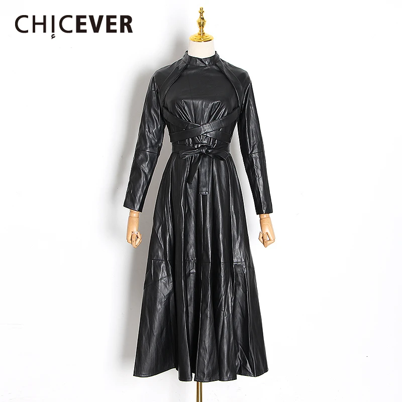 

CHICEVER Vintage PU Leather Dress For Women Stand Collar Long Sleeve High Waist Lace Up Midi Dresses Female 2020 Fashion Clothes
