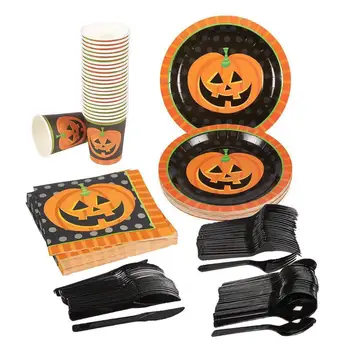 

20 Sets Paper Cup Paper Plate Knife Fork Spoon Party Tableware Halloween Pumpkin Halloween Theme Party Set Decoration