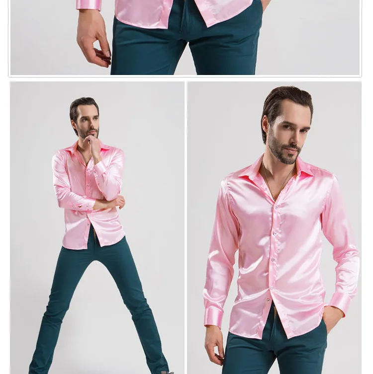 Description Picture 6 of itemSilk Satin Shirt Men 2022 Smooth Mens Solid Tuxedo Shirt Business Chemise Homme Casual Slim Fit Shiny Gold Wedding Dress Shirts