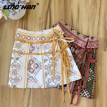 

LINGHAN Fashion Embroidery Cotton Skirt Women's Elegant empire A-Line Mini Skirt Designer Spring Summer New