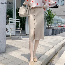 LaStylisher осенне-зимние повседневные женские юбки до середины икры с высокой талией, теплые женские юбки на пуговицах, прямые однотонные вязаные юбки