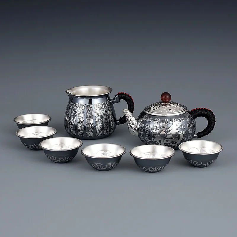 

999 sterling silver Kung Fu tea set, hand-embossed Pak Fook teapot tea cup justice cup set, silverware exquisite gift