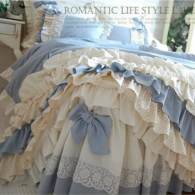 Popxstar  Rose Embossing Quilted Duvet Cover Set Vintage Lace Ruffles Pure Cotton Bedding Set Bed Sheet/Bed Skirt/Fitted Sheet Pillowcases main image 0