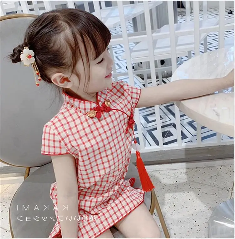 Китайское платье принцессы Cheongsam; летнее платье для маленьких девочек; детская одежда; милое хлопковое платье принцессы с короткими рукавами и цветочным рисунком