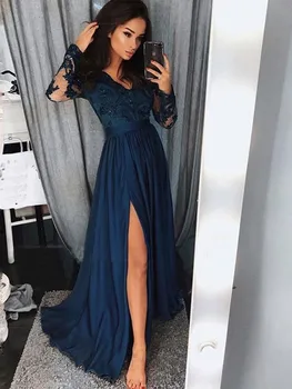 

Navy Blue Evening Dresses Elegant A-Line V-neck Long Sleeve Sweep/Brush Train Applique With Ruched Satin Chiffon Prom Gowns