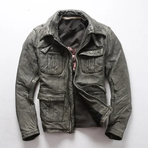Vintage grey Осень зима натуральная кожа теплая куртка Мужская Локомотив Мотоцикл Байкер ВИНТАЖНЫЕ пальто мягкая Толстая воловья кожа куртка - Цвет: Vintage grey