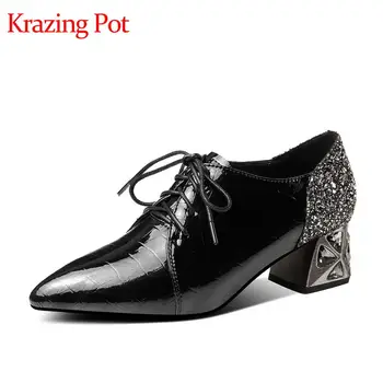 

Krazing pot solid genuine leather shoes pointed toe med heels sequins decorations shiny bowtie women lace up spring pumps L35
