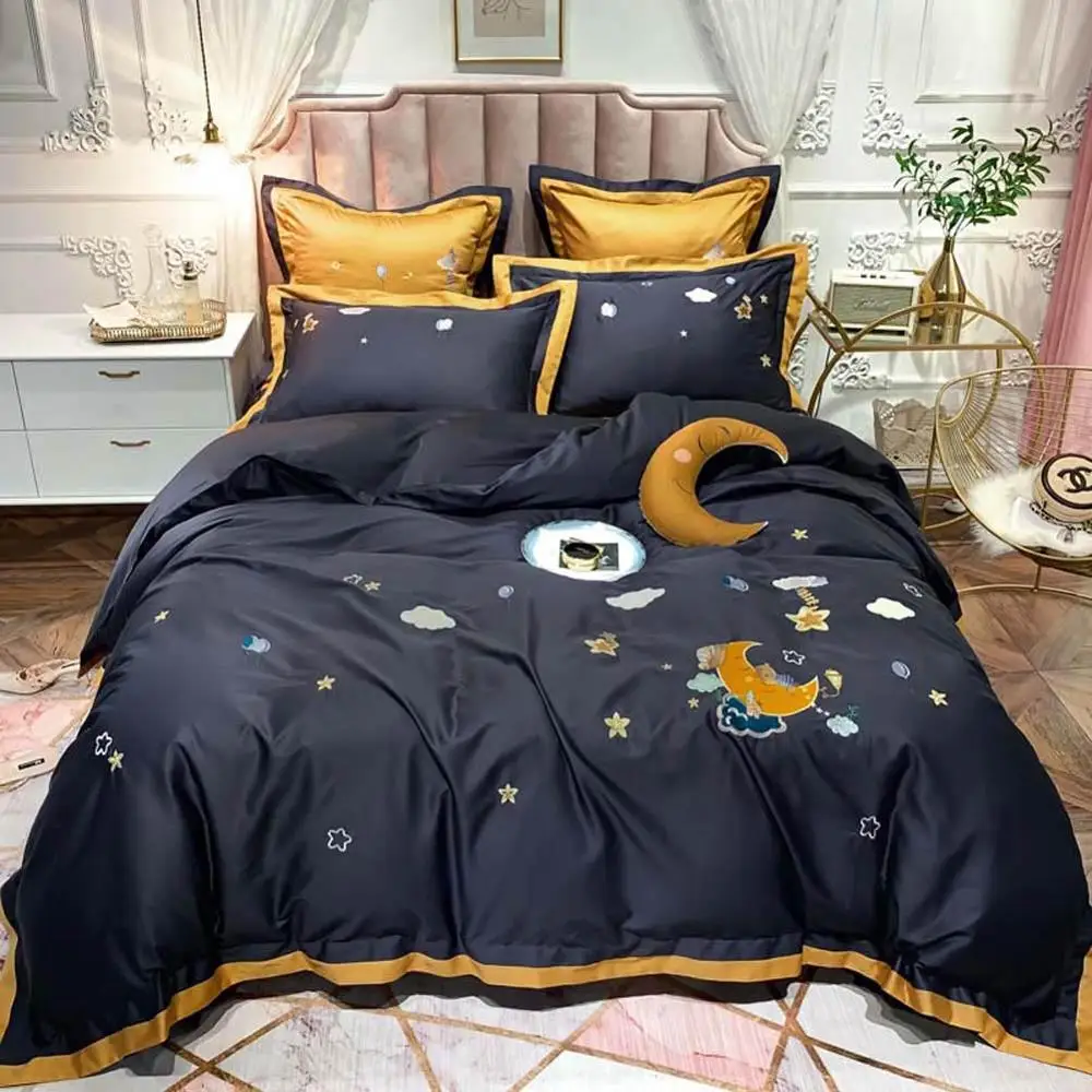 

Svetanya Cotton Bedding Set Star Moon Starry Sky Printing Flat Sheet Pillowcase Duvet Cover Linen Sets Single Queen King Size