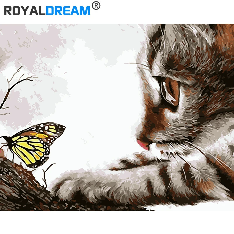 ROYALDREAM кошка ловить бабочек DIY картина маслом по номерам настенная живопись Акриловая картина маслом на холсте домашний декор для гостиной