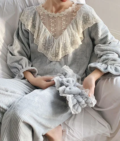 blue grey Женские пижамы, зимние пижамы принцессы, милые пижамы, длинный рукав фланель, женские повседневные пижамы для девочек, домашняя одежда, теплые - Цвет: blue grey