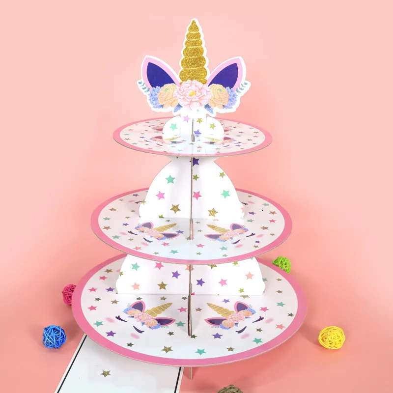 3 слоя Единорог круглый картон кекс Дерево Стенд складной дисплей Baby Showers день рождения Свадебная вечеринка события Декор поставки