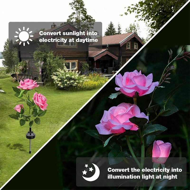 

Solar Powered LED Light Outdoor Waterproof Rose Flower Stake Lamp Easy-To-Install For Home Garden Yard Lawn Path Decorate