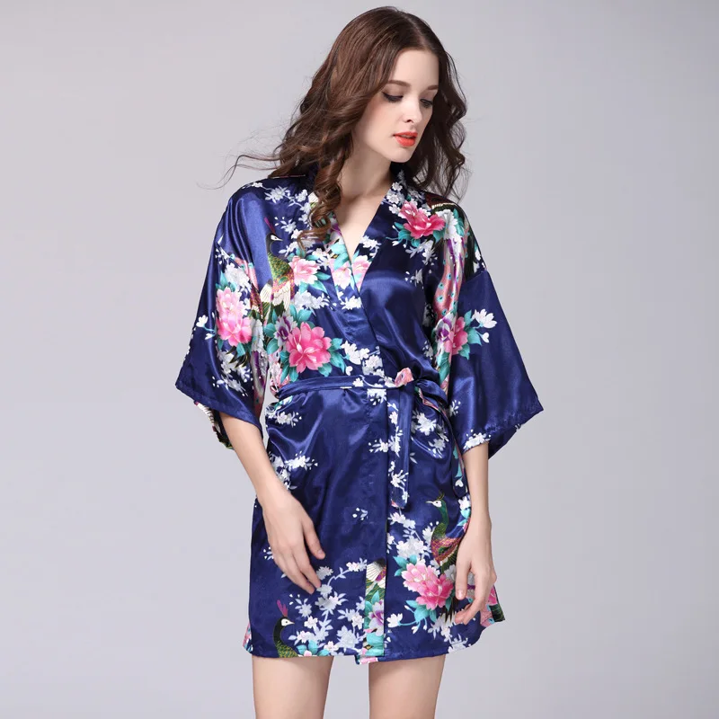 Norns взрывной шелковой ночной рубашке дамы летом рукавом Павлин пижамы Халат домашний сервис - Цвет: Dark blue