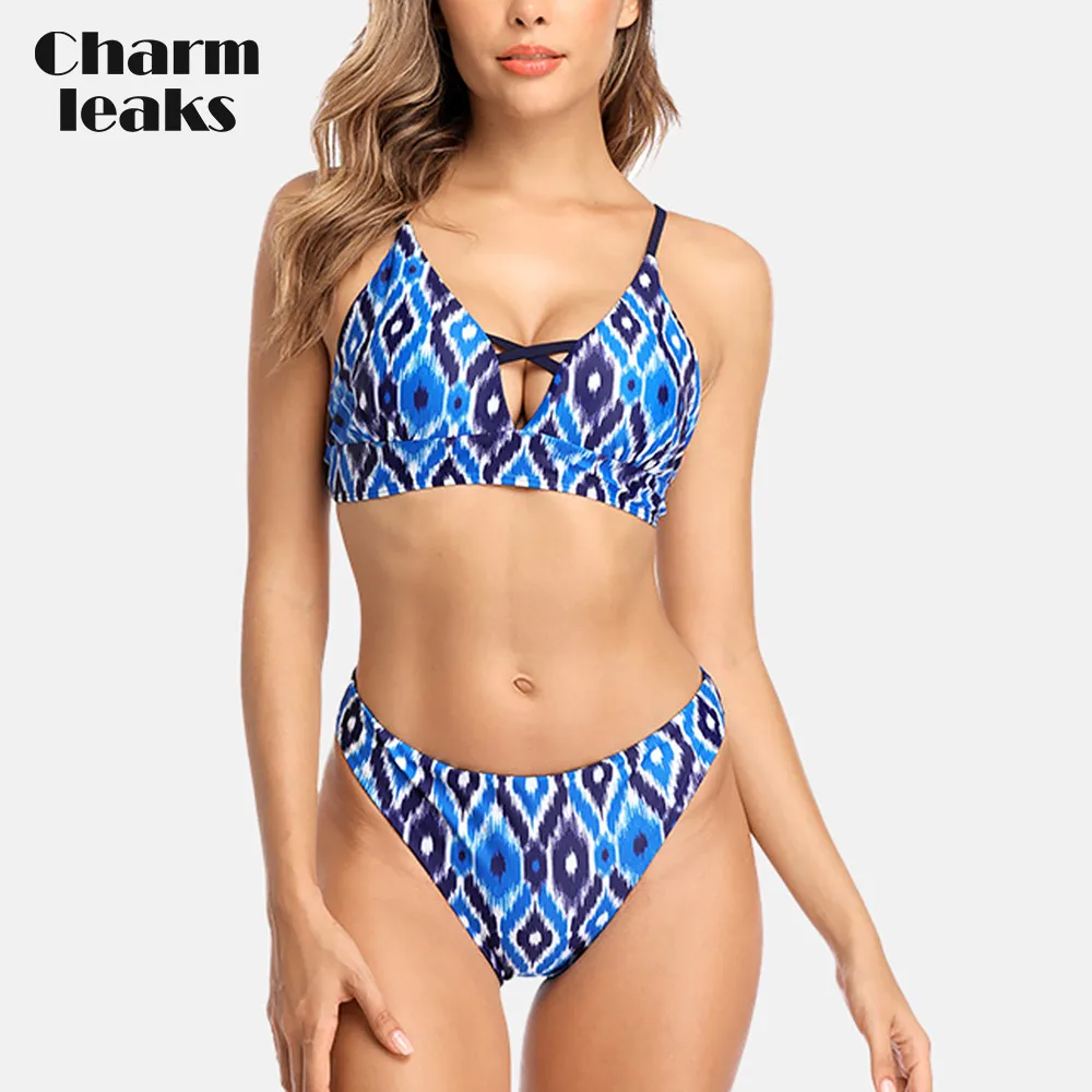 

Charmleaks Women Bikini Set Cross Front Bikini Bandages Swimwear Flower Printed Sexy Push Up Swimsuit