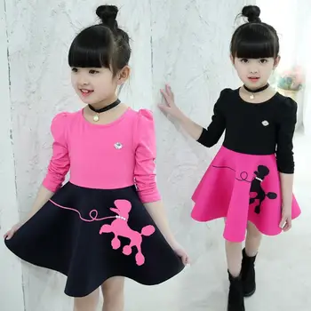 

Fashion Sweet Kids Girls Dress Autumn Cartoon Print Puff Sleeve Patchwork Pleated Long Sleeve Dress For 3-10 Years