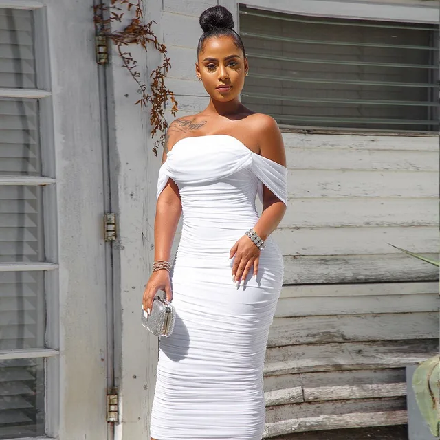 Adogirl Donne Solido Bianco Increspato Vestito Da Partito Piegato Fino al  Largo della Spalla Aderente Midi Abiti Donna Abiti Sexy|Dresses| -  AliExpress