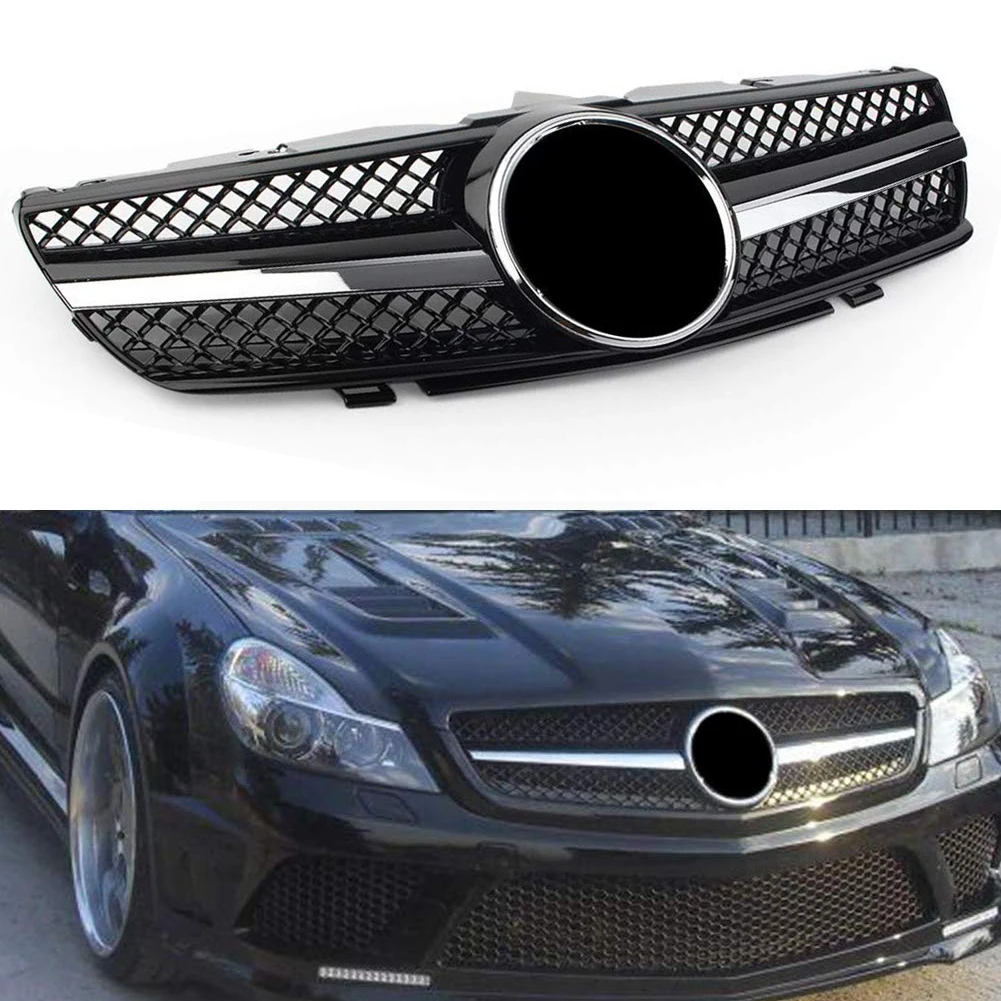 

R230 Car Front Radiator Mesh Grille Grill w/ Logo For Mercedes Benz SL-Class SL500 SL550 SL600 2007 2008 2009 Black Chrome