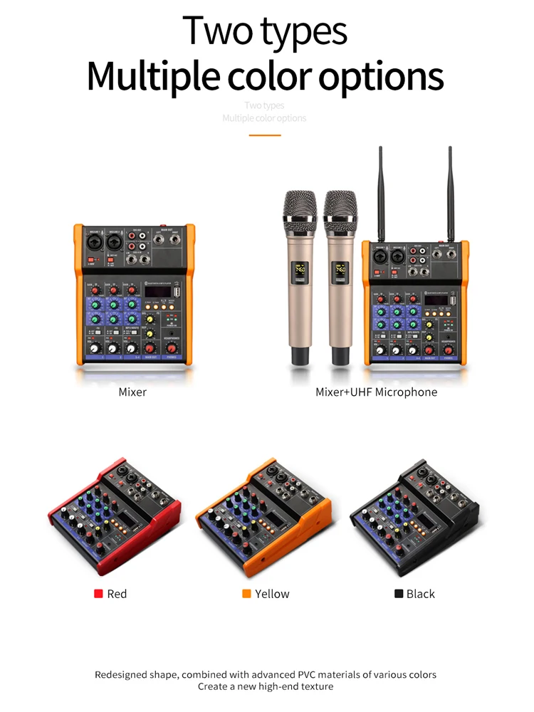 TKL 4Channels Audio Mixer with UHF microphone Sound Mixing REC Bluetooth USB Record 48V Phantom Power DJ Mixer