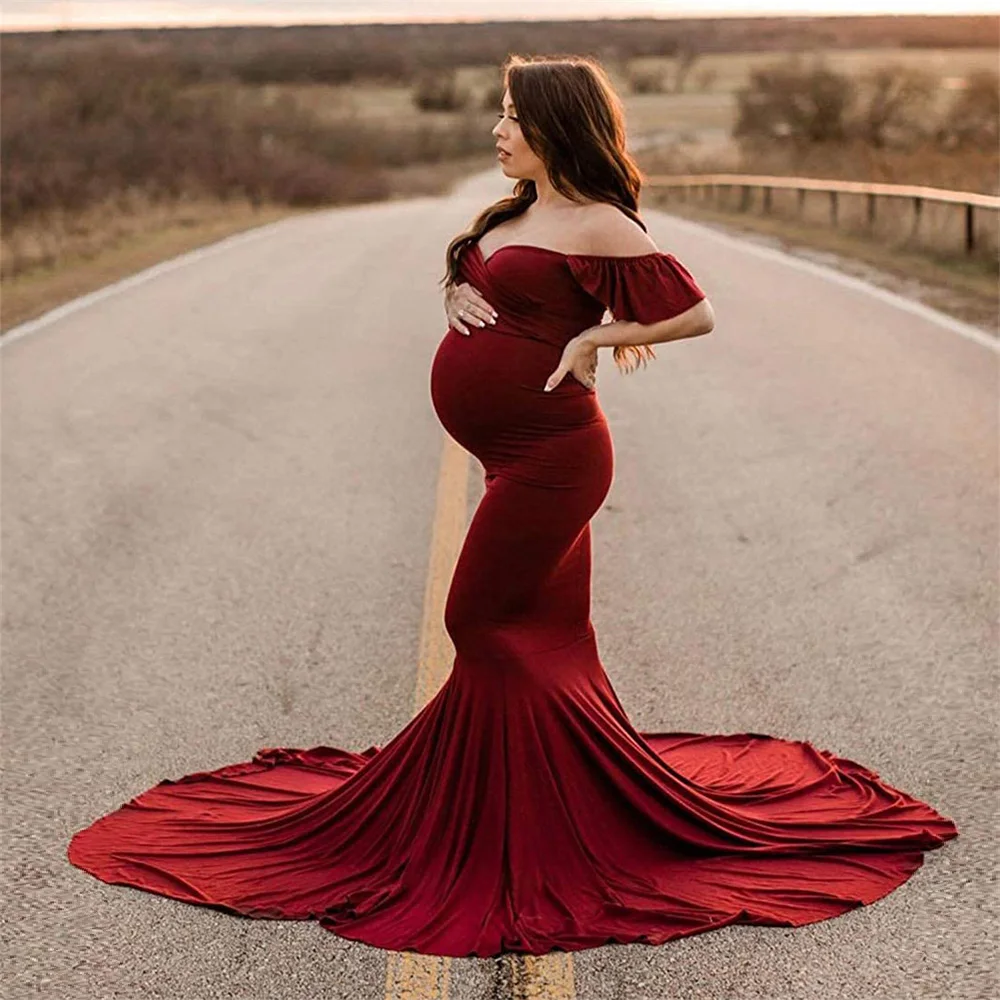 Shoulderless Maternity Dresses Photography Long Pregnancy Dress For Pregnant Photo Shoot Props Ruffles Women Maxi Maternity Gown