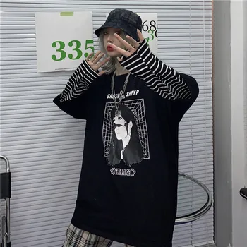 

Lychee Girls Letter Girl Print Women T Shirt Tee Loose Spring Lady T Shirts Tees Stripe Fake 2 Pieces Female Pullovers Tops