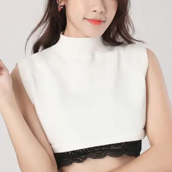 

Women Winter Sweater Decorative False Fake Collar Ribbed Knit Turtleneck Stand Collar Adjustable Stretchy Half-Shirt Crop Top