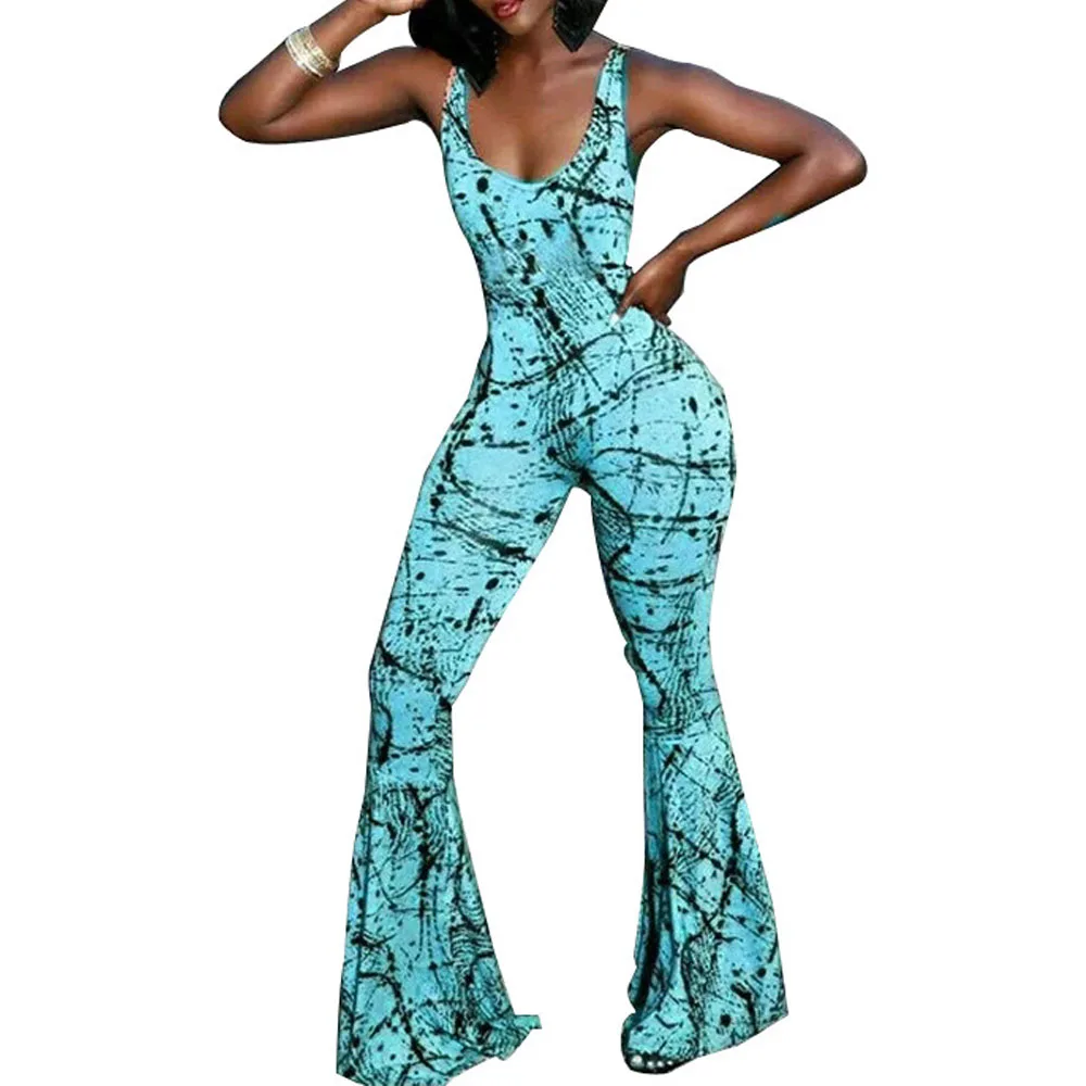 Sexy Club Printed Flare Jumpsuit Women Backless Plus Size One Piece Bodysuit Elegant Summer Sleeveless Skinny Party Overalls