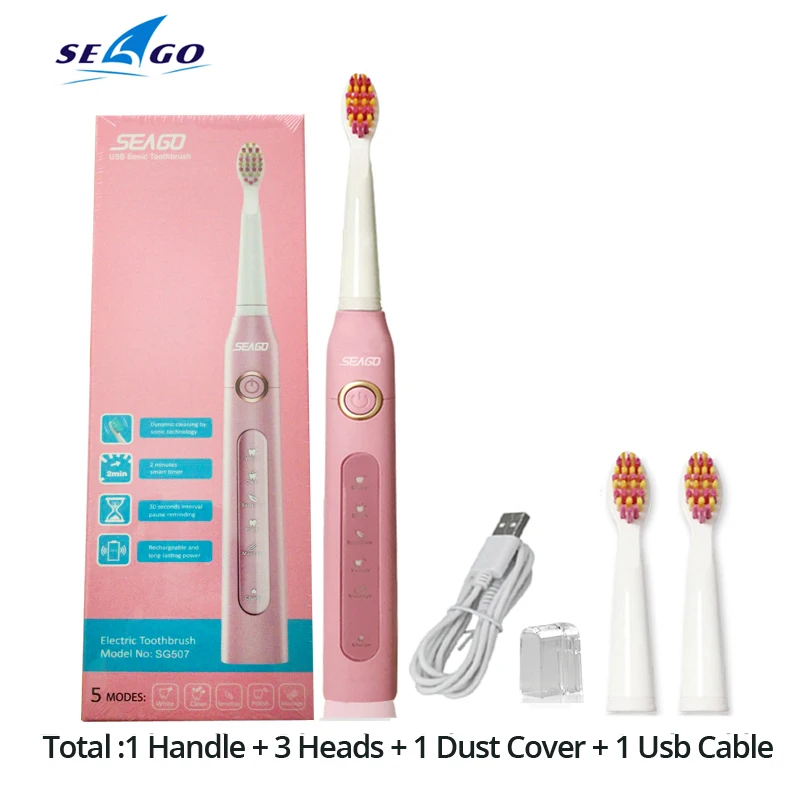 Seago Sonic Electric Toothbrush SG-507 Adult Timer Brush 5 Modes USB Charger Rechargeable Tooth Brushes Replacement Heads Set 15
