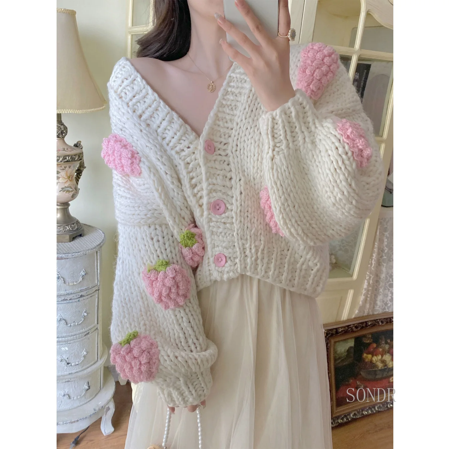 

White Cute Cardigan with Pink Strawberry Crotchet Oversized Cardigans 2021 Winter Sweater Cardigan Women Lazy Oaf Knit Jacket