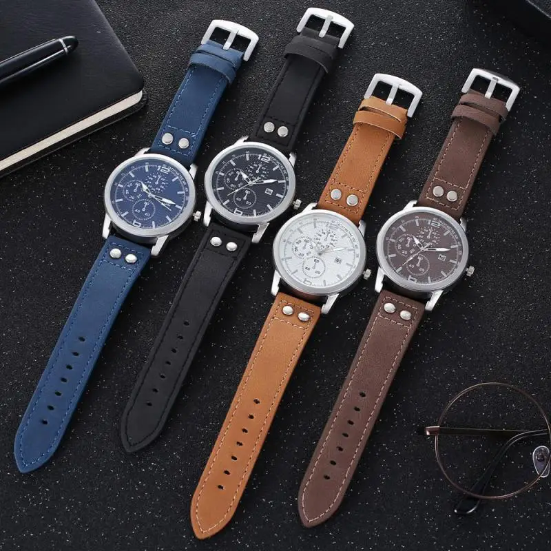 

Flannel Belt Rivet Glorious Large Dial Fake Three Eye Quartz Watch Men Calendar Belt Watch