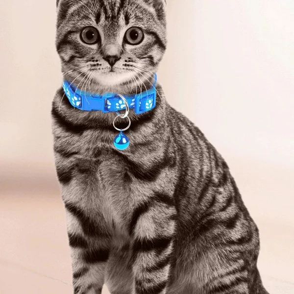 The New Pet Collar, Adjustable Colored Collar with Bell for Positioning and Cat Paw Dog Print Traction Accessories