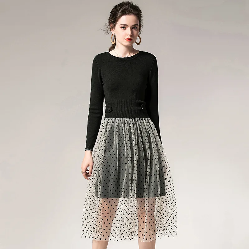 D905259 Pak-Jurk 2019 Herfst Vrouw Lange Mouwen Breien Split Joint Gaas Jurk D905259 Pak-Jurk 2019 Herfst Vrouw Lange Mouwen Breien Split Joint Gaas Jurk