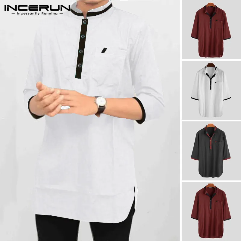 Men Shirt Indian Clothing Patchwork Stand Collar Chic Pockets 3/4 Sleeve Cotton Retro  Suit Men Casual Shirts 2020 INCERUN