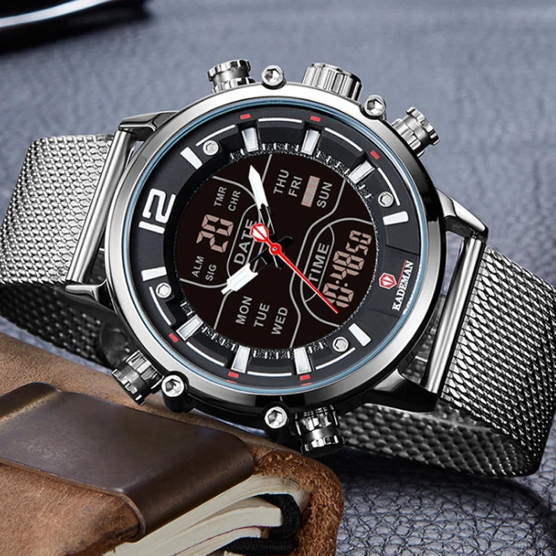 Men's Dual Display Electronic Watch Waterproof Luminous Alarm Clock Watch Student Mesh Band Quartz watch Military Watch