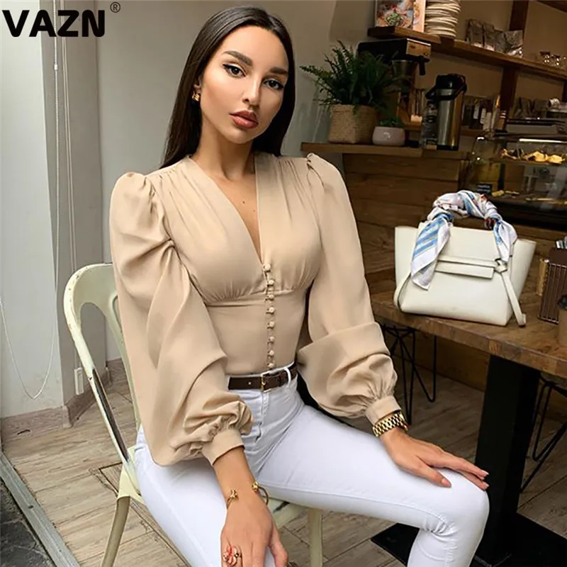 VAZN,, необычное снижение возраста, Неопрятная мода, глубокий v-образный вырез, полный рукав, дикий Джокер, женские тонкие жоржет короткие футболки