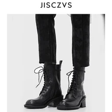 Г., женские мотоциклетные ботинки на не сужающемся книзу массивном каблуке кожаные ботильоны на высоком каблуке Модные женские ботинки в стиле панк с круглым носком