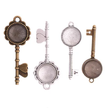 

48Pcs Key Heart Pendant Settings Cabochon Base Bezel Trays 24pcs With 24pcs Bright Glass Cabochon Dome Tiles DIY Jewelry Making