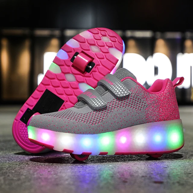 US $13.11 Children Two Wheels Luminous Glowing Sneakers Black Red Pink Led Light Roller Skate Shoes Kids Led 