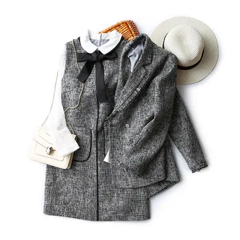 

Autumn Winter Long Sleeve Tweed Dress Set Women 2pcs Sets Grey Blazer Jacket + Bow Patchwork Dress Two Piece Sets Vintage Suit