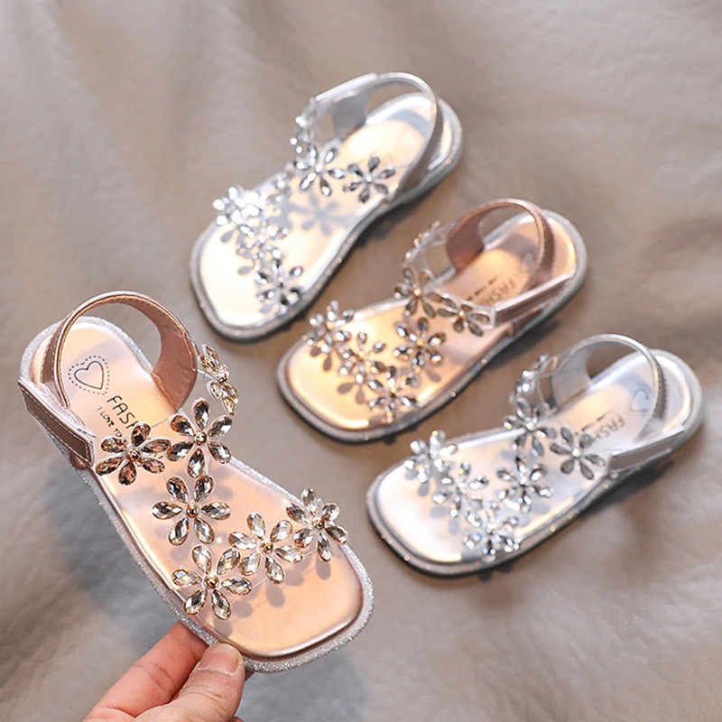 children's sandals near me 2022 Summer Girls Sandals Flower Crystal Princess Shoes Kids Fashion Rhinestone Beach Shoes Children Anti-slip Ankle Strap Shoes boy sandals fashion